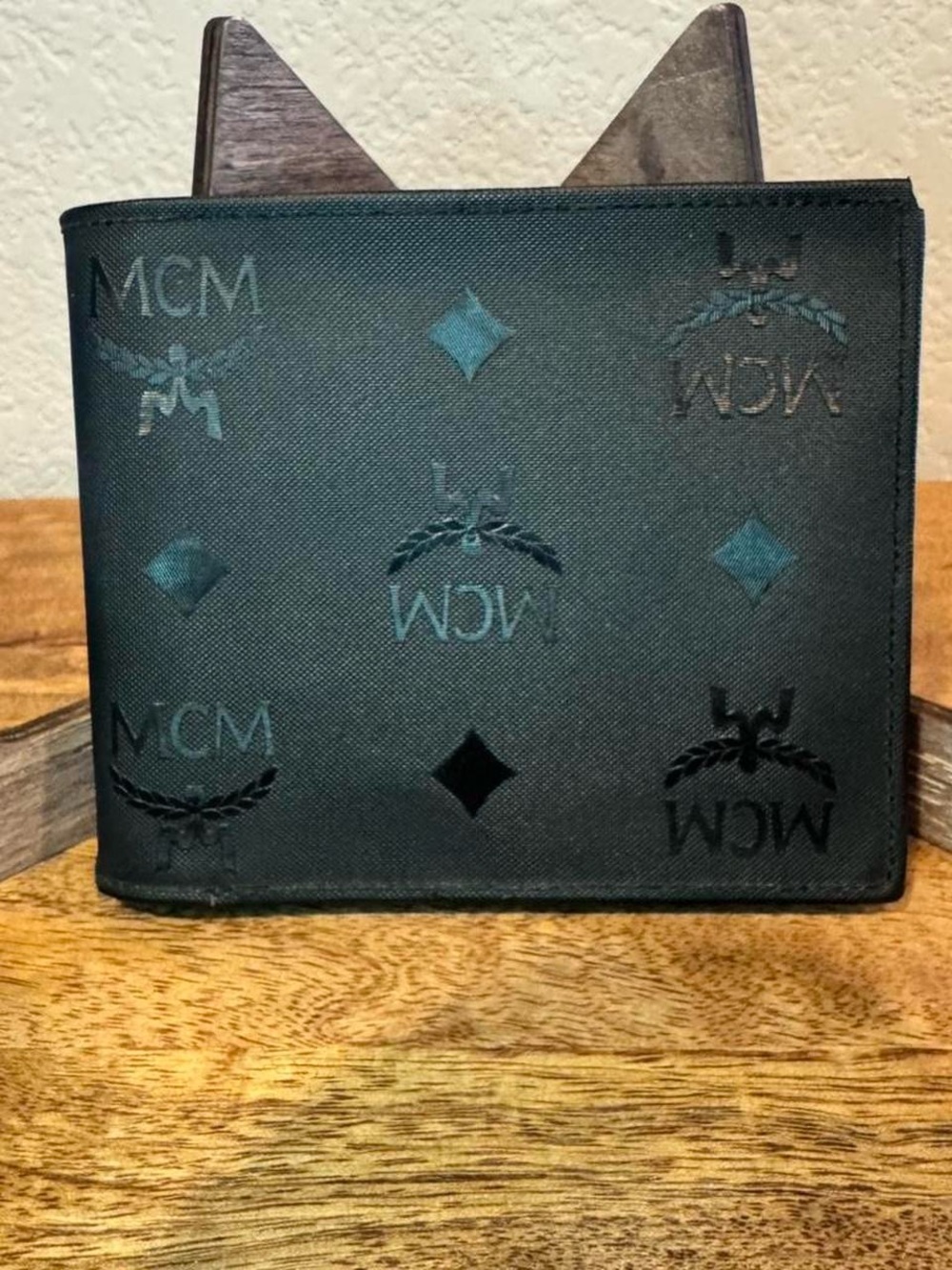 MCM Black Wallet with Teal Logo Accents